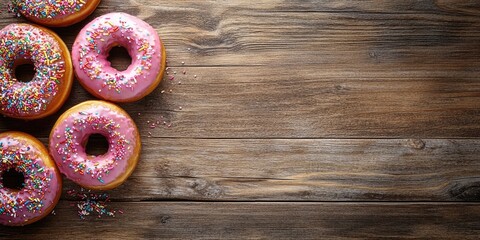 Donuts on a wooden table. Top view featuring sprinkles donuts and copy space.