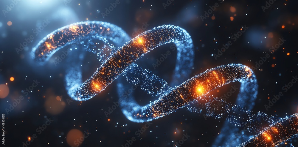 Poster abstract dna double helix glowing with blue and orange light particles on dark background.