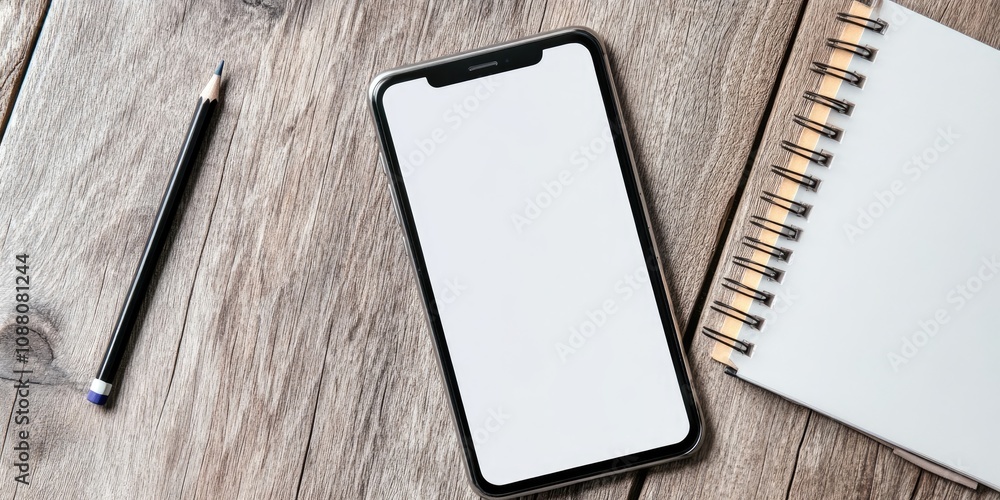 Poster sign-in screen on a smartphone and notebook with a pencil on a wooden table. a top view, light conce