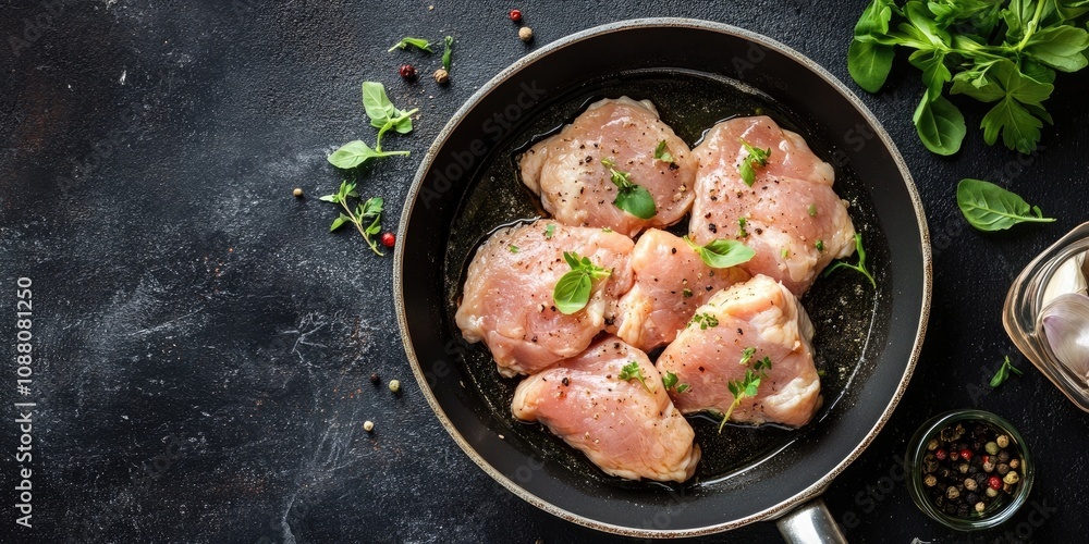 Poster raw chicken meat in a frying pan - cook the meat. food backdrop. top view and copy space.