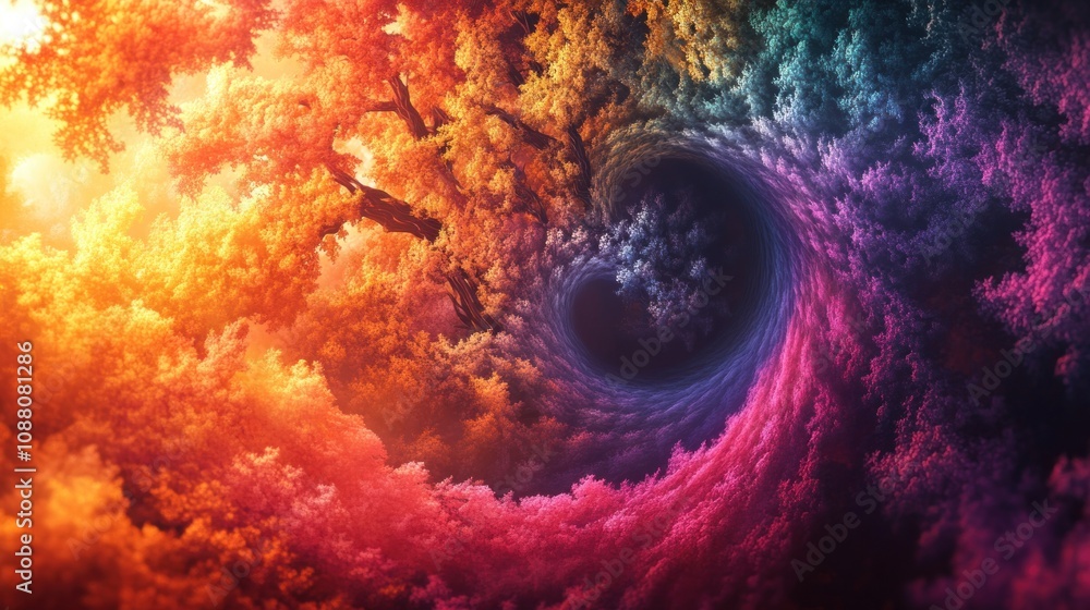 Poster a swirling vortex of colorful clouds and leaves forms a portal in the sky, surrounded by an ethereal