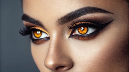 Naklejka premium This image presents striking amber eyes glowing with warmth and depth. Surrounded by bold black eyeliner and a hint of golden shimmer the eyes pop against a subdued twilight gray