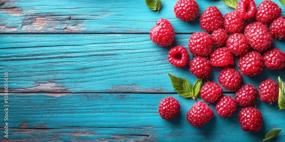 Poster A cluster of raspberries on a vibrant wooden table background. Close-up composition with copy space for text.