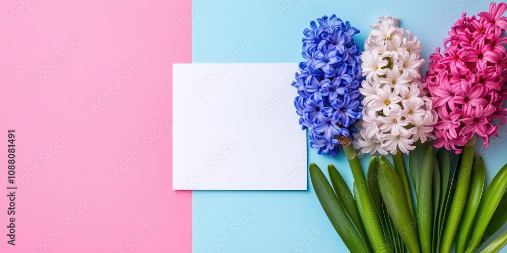 Poster flat lay arrangement featuring spring hyacinth flowers and a blank card on a colored background, wit