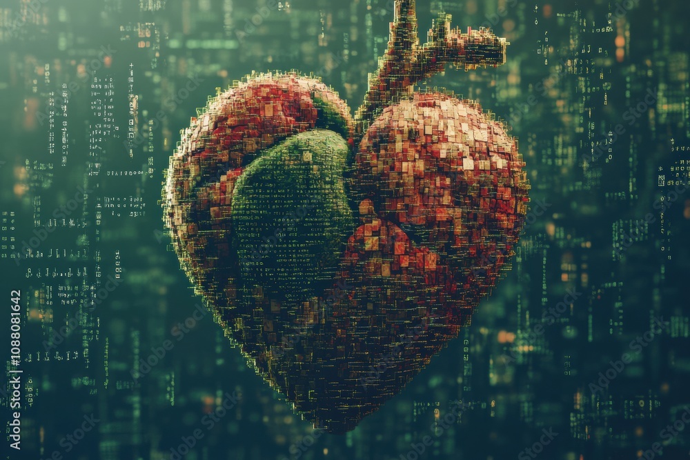 Aufkleber a realistic human heart is depicted, surrounded by streams of digital code, symbolizing the connecti