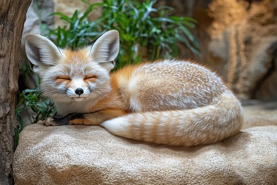 A fennec fox sleeping curled up inside a sandy cave, showcasing its delicate fur, large ears, and serene expression in a warm natural environment.

