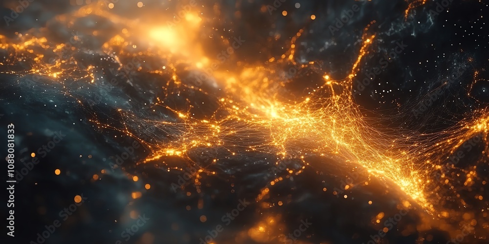 Poster abstract fiery cosmic nebula with glowing particles and energy streams.