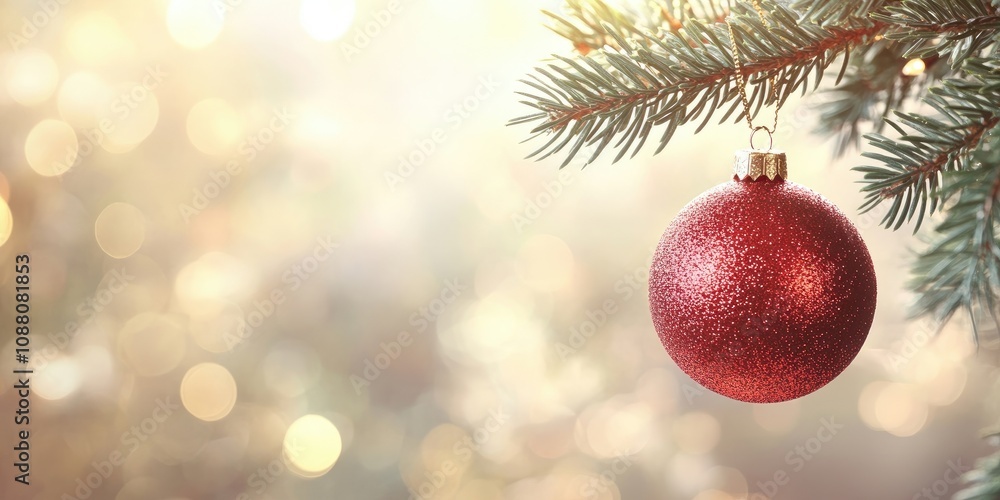 Aufkleber christmas ball hanging on a christmas tree branch with a blurred shiny background. space for text.