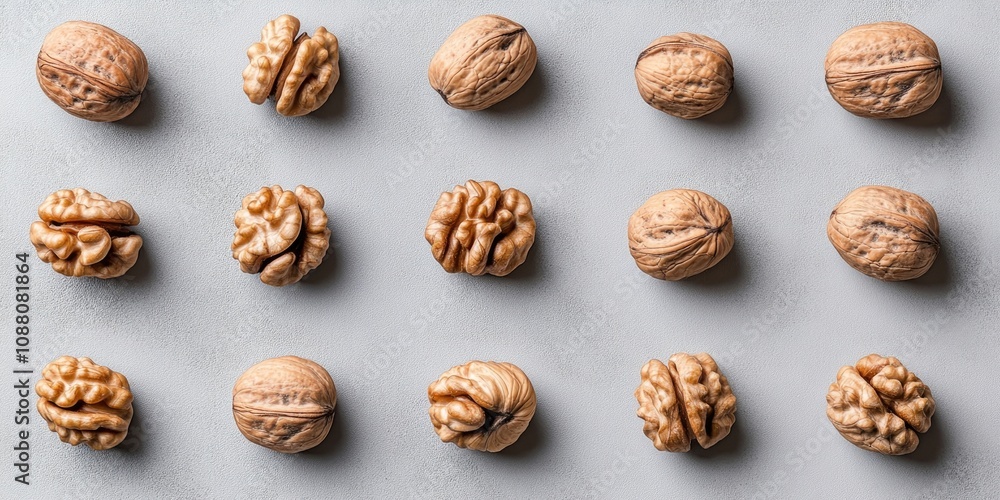 Poster Walnuts arranged on a grey background in a pattern, viewed from above with copy space. Large walnut.