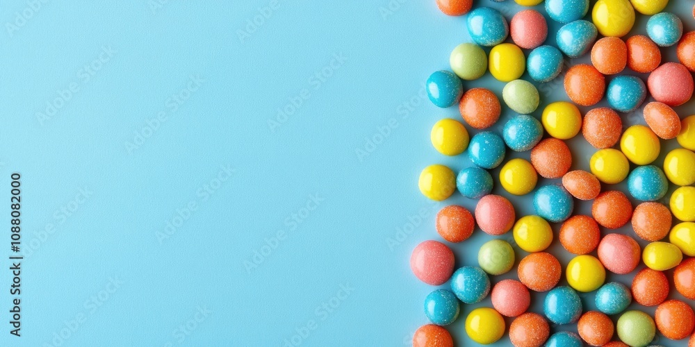 Poster background of multicolored sugar-coated candies with copyspace.
