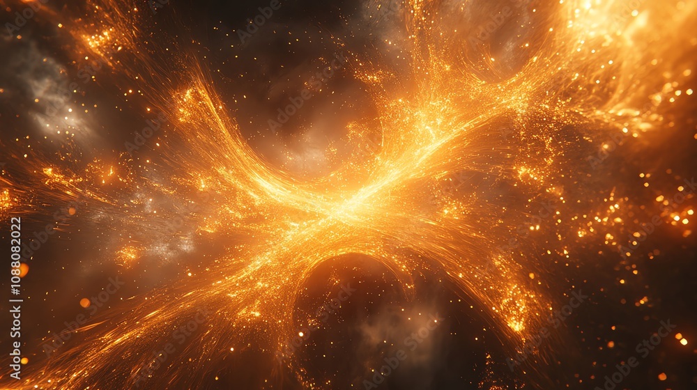 Poster abstract fiery cosmic nebula with swirling golden energy and particles.