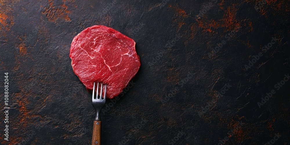 Poster raw beef steak for a machete skirt on a meat fork. dark background. top view. copy space.