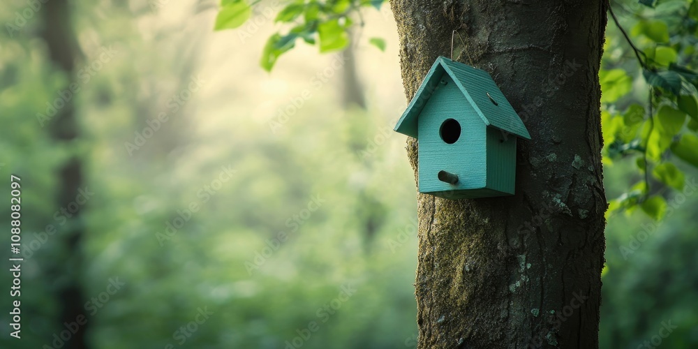 Wall mural A small green birdhouse is suspended from a tree in the woods.