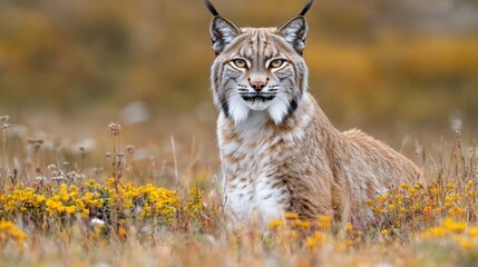 Obraz premium An Iberian lynx resting calmly in a meadow filled with wildflowers, surrounded by vibrant colors and natural tranquility.