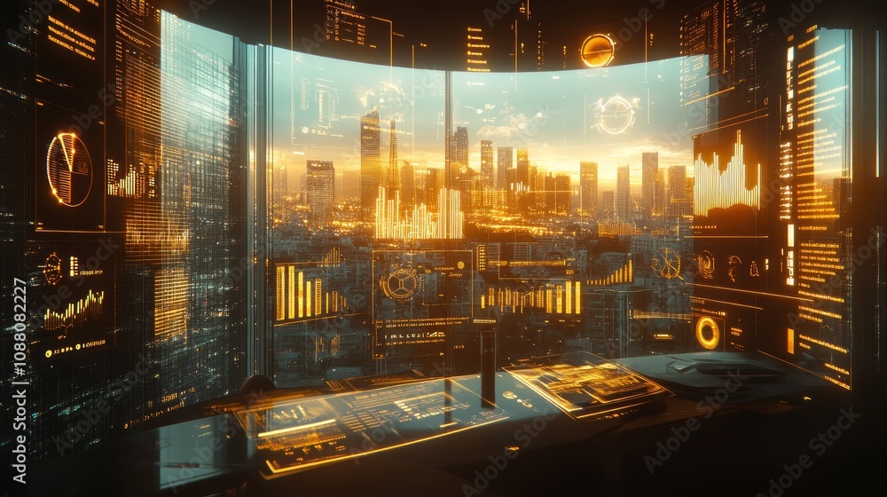 Poster futuristic office with panoramic city view displayed on a large screen showing financial data and gr