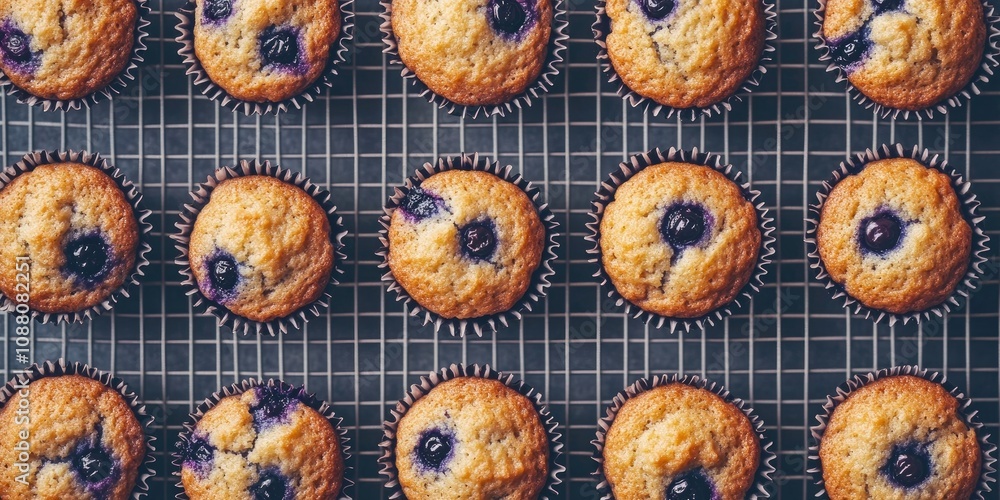 Poster overhead close-up of blueberry muffins in a nonstick cupcake tin placed on a wire cooling rack, with