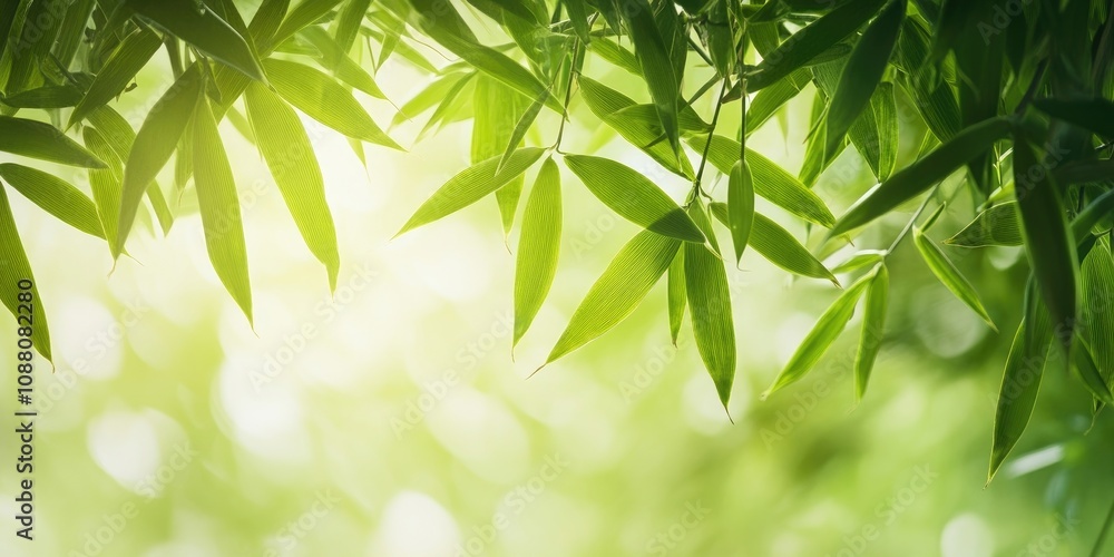 Poster Close-up of a bamboo forest with green leaves illuminated by natural light. Macro shot taken from beneath the bamboo tree. Landscape view of bamboo leaves isolated on a white background.