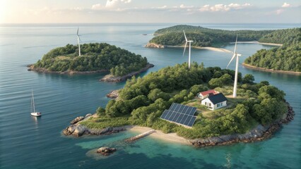 Tranquil islands equipped with renewable energy systems adapting to nature.