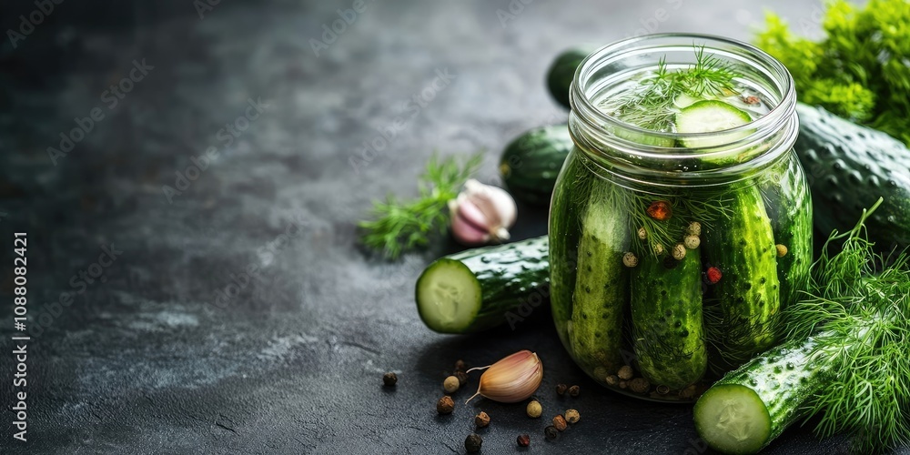 Poster pickled and fermented cucumbers in a glass jar with dill and garlic on a dark grey concrete table. a