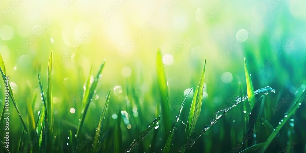 Poster fresh grass with water droplets. natural blurred background. vibrant spring grass. abstract backdrop