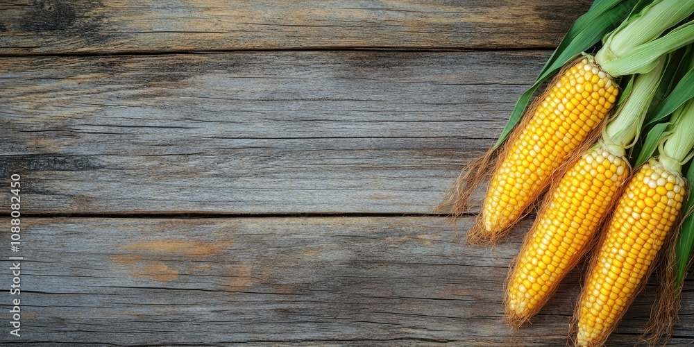 Poster corns or maizes isolated on a wooden background with copy space for text in a horizontal layout, ide