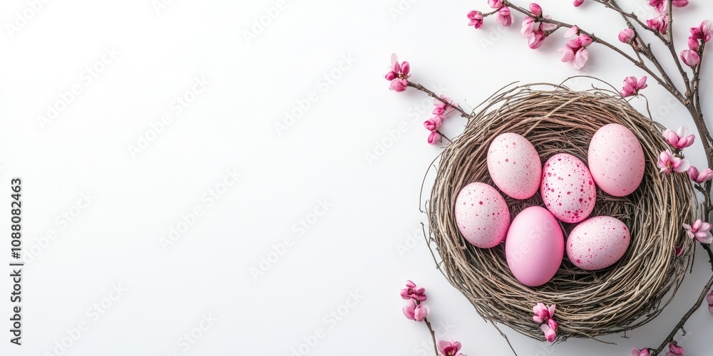 Poster easter arrangement featuring a wicker nest and pink eggs on a white background. top view, copy space
