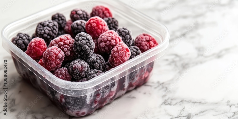 Poster frozen berry mix in a plastic container on a marble surface. selective focus.
