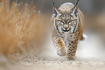 Obraz premium An Iberian lynx running swiftly along a dirt path surrounded by dry vegetation, highlighting its agility, spotted coat, and intense expression in a wild environment.
