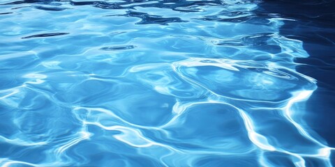 Blue swimming pool water surface with rippling waves in the background. Summer abstract reflections and caustics in the swimming pool.