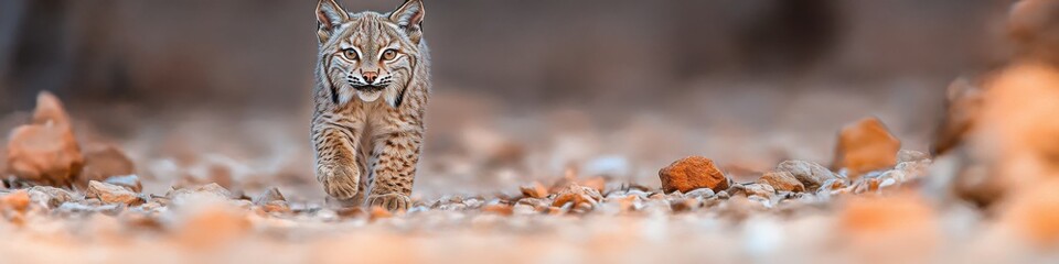 Fototapeta premium An Iberian lynx walking cautiously through a forest floor covered with dry autumn leaves, showcasing its sharp gaze and spotted fur in a natural habitat.