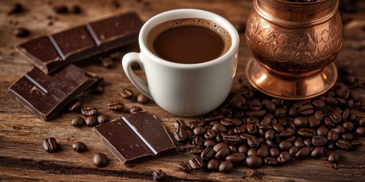 Sweet hot drink: black Turkish coffee in a small white mug, accompanied by spilled coffee beans on a wooden table alongside strips of dark chocolate and a copper Arab Cezve filled with coffee.