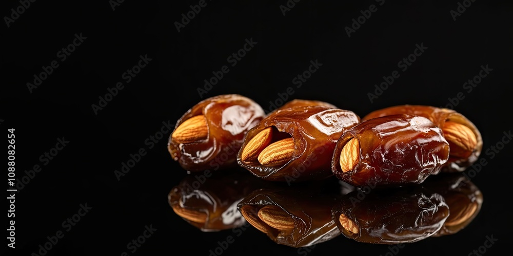 Poster dates filled with almonds, isolated against a black background. selective focus.