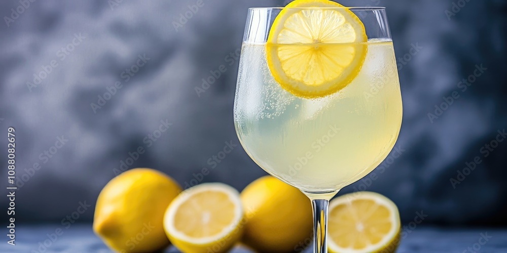 Poster lemonade served in a wineglass, topped with a slice of fresh lemon, set against a grey background wi