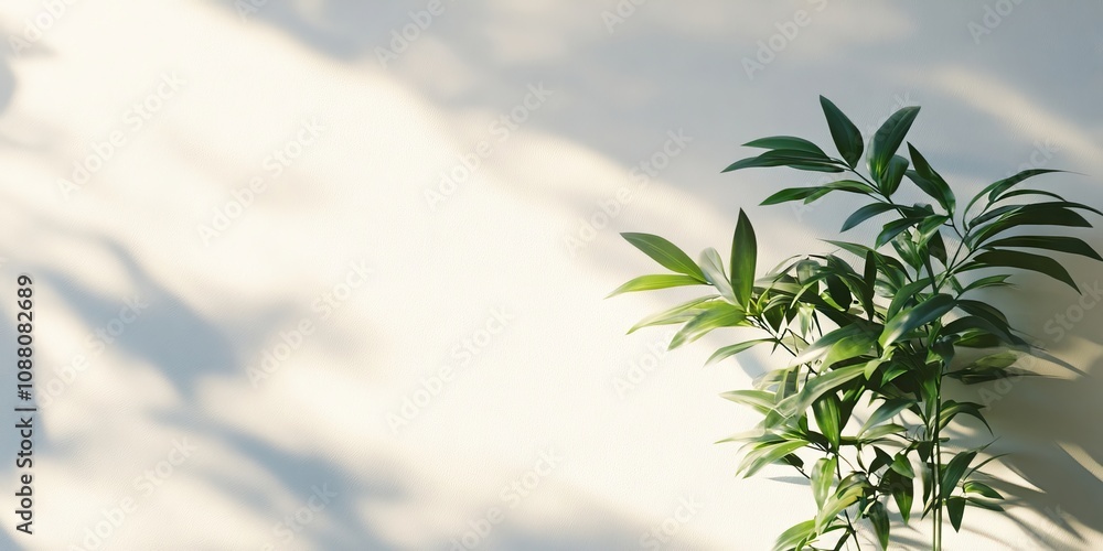 Poster Blurred shadows from natural light create an overlay effect on a white wall, serving as a backdrop for product presentations and a summer theme.