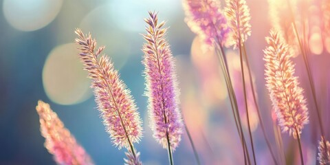 Obraz premium Sunlit grass flowers in the garden. Copy Space