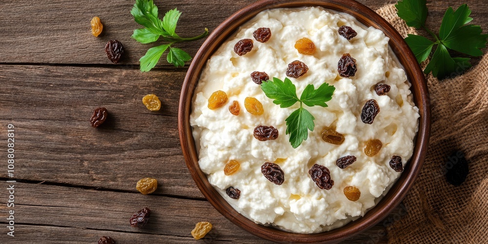 Poster cottage cheese in a bowl with sour cream and raisins on a rustic wooden background, featuring copy s