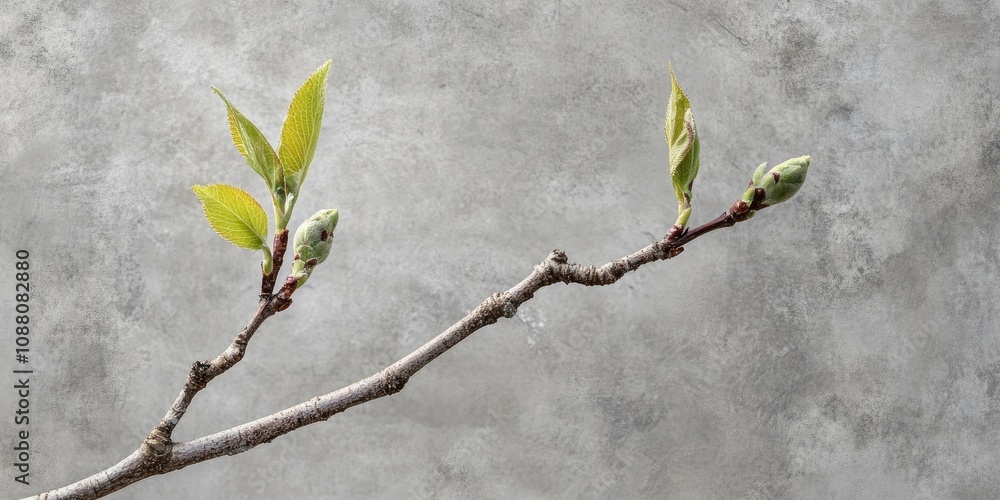 Poster tree branch with a bud and an emerging green leaf shoot. gray abstract background.