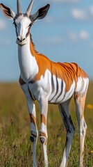 Fototapeta premium A close up of a springbok standing in an open grassy field under a clear blue sky showcasing its distinct markings and elegant stance in a natural habitat