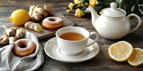 Fototapeta premium A teapot and a cup with a saucer of strong aromatic tea are on the table, accompanied by a napkin, ginger and lemon jam, and donuts. Horizontal photo.