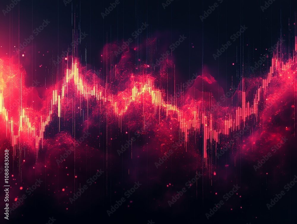Poster Abstract fiery red and dark nebula-like background with data visualization graph.