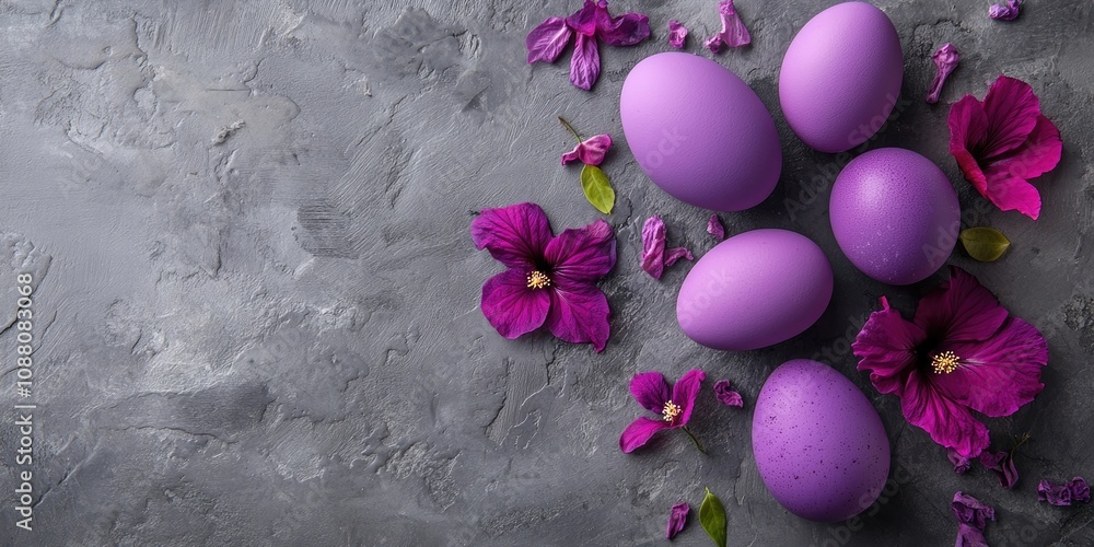 Aufkleber natural egg dye in purple. easter eggs are colored using natural dye from hibiscus tea on a gray sto