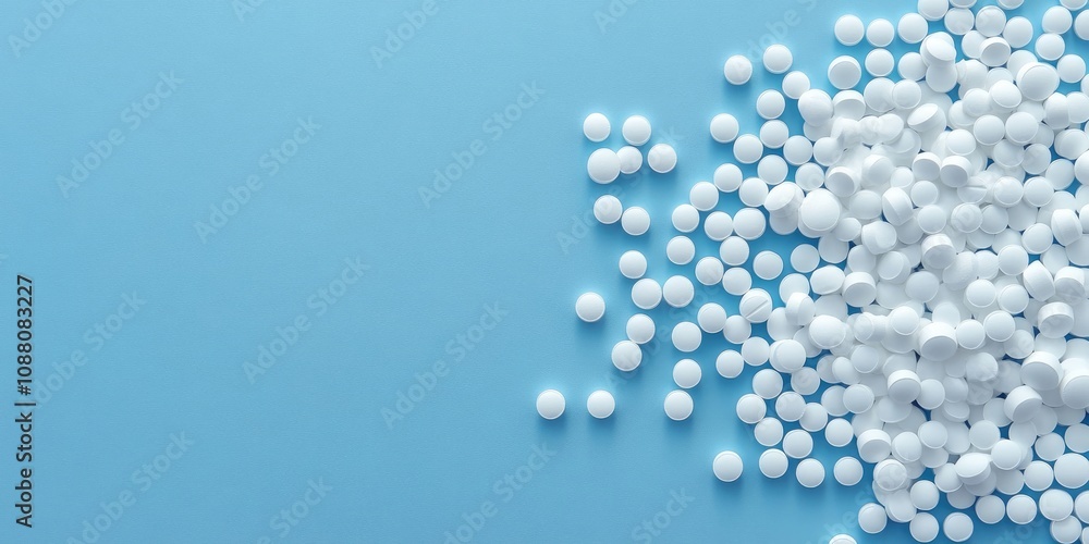 Poster pills are spread across a blue backdrop with a copyspace.