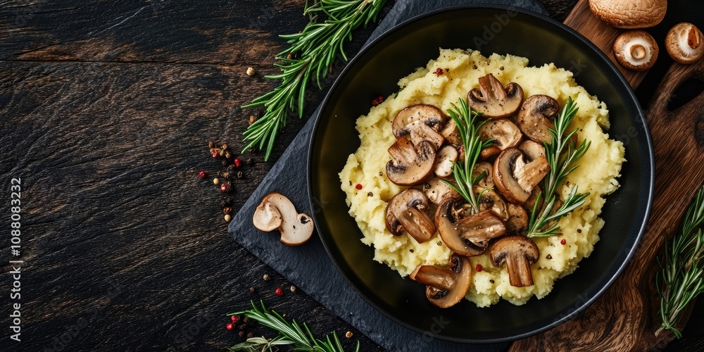 Aufkleber top view of fresh mushrooms with mashed salad and rosemary on a dark frying pan placed on a black st