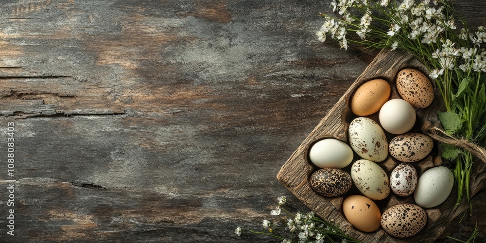 Poster tulis and eggs on a rustic wooden board as an easter card idea with copyspace.