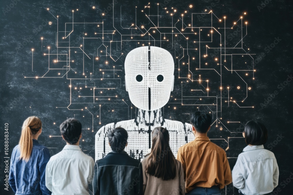 Poster a group gathers to explore the features of an abstract ai system displayed on a wall at an education