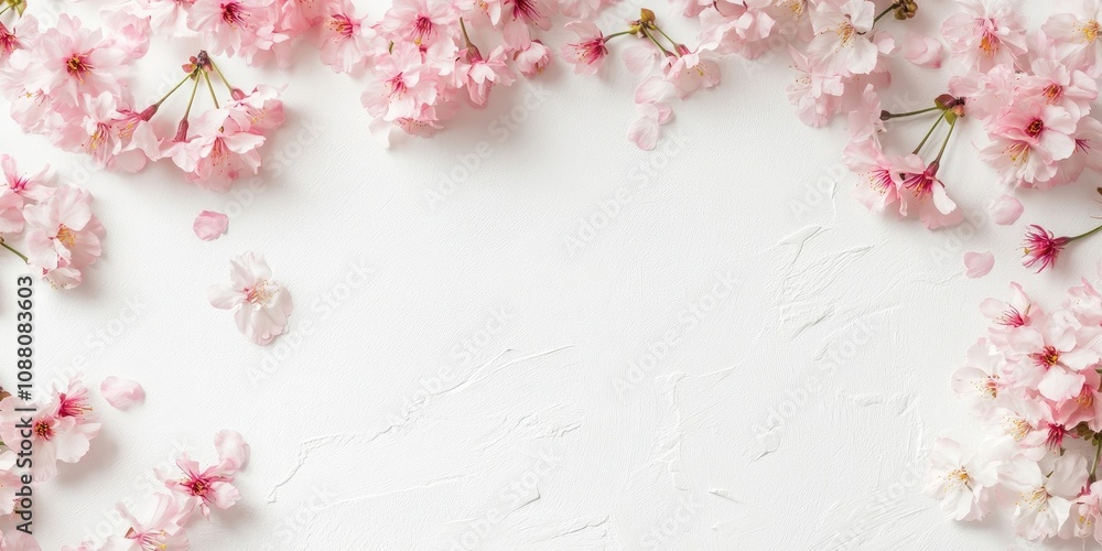 Poster softness of cherry blossoms or sakura spring flowers on a white background with copy space for textu