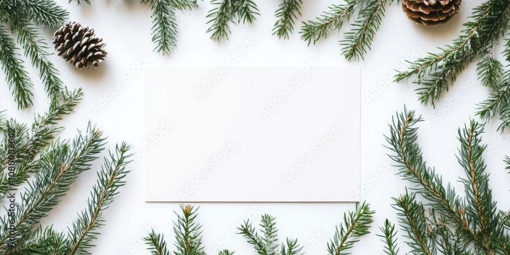 Aufkleber christmas blank greeting card mock-up arrangement. innovative setup featuring christmas tree branche