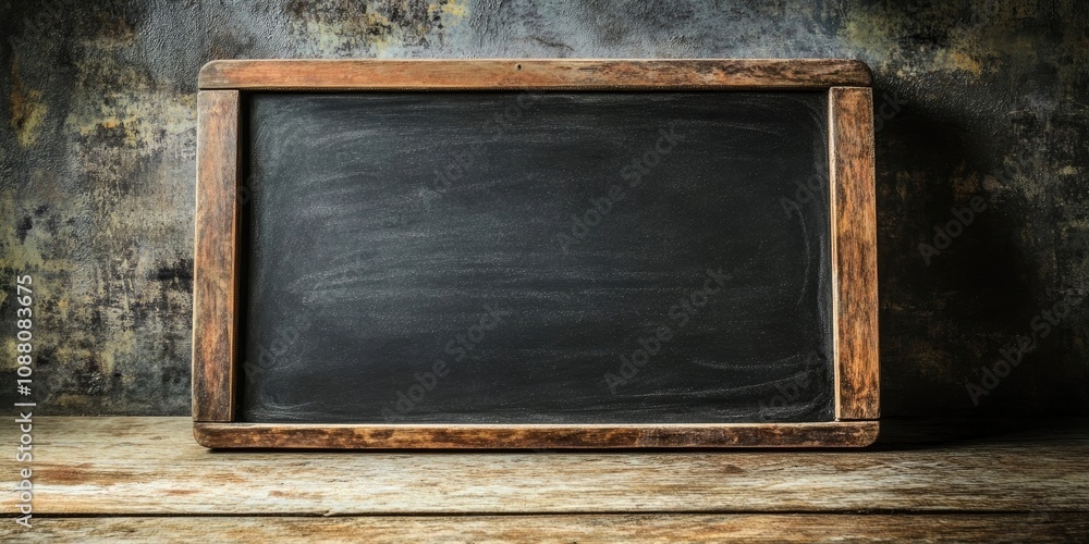 Aufkleber empty chalkboard set against a rustic backdrop.