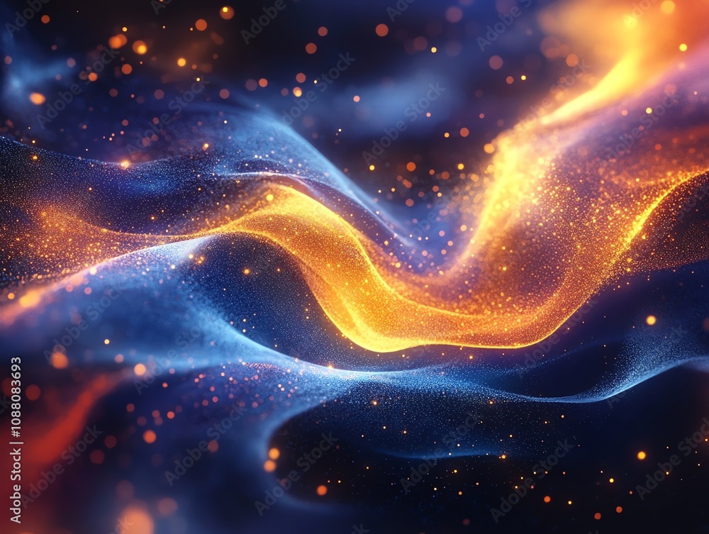 Poster abstract glowing blue and orange energy waves with sparkling particles.