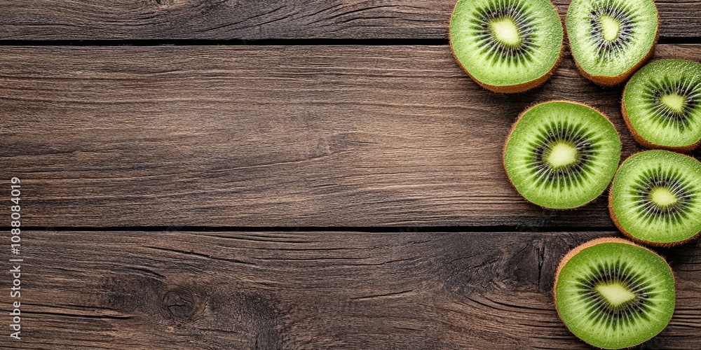 Poster Close-up and top view image of fresh kiwi fruit with a slice on a wooden background with copyspace.